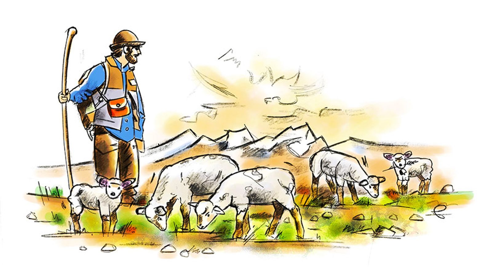 Illustration en couleur du Bon Berger, veillant paisiblement sur un petit troupeau de moutons dans un décor naturel.
