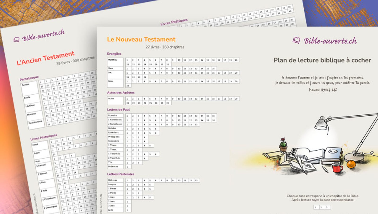 Photo d’un plan de lecture biblique à cocher permettant de suivre la lecture de l’Ancien et du Nouveau Testament, avec une illustration de Bible et de lampe créant une ambiance studieuse et propice à la méditation.