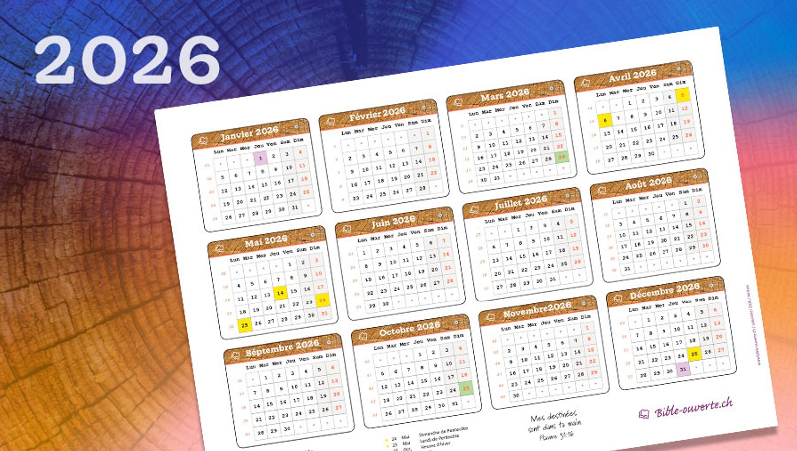 Photo d’un calendrier annuel des fêtes chrétiennes protestantes, présenté sur un fond bleu et orange et mis à jour chaque année avec les principales dates du calendrier liturgique.