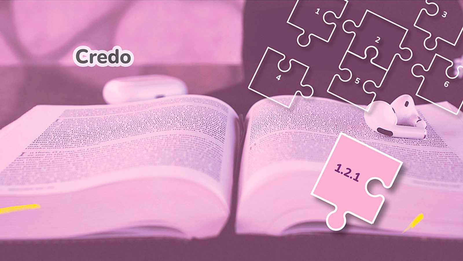Visuel d’une Bible ouverte accompagné de six pièces de puzzle représentant les différentes sections du cours de formation biblique. Le chapitre « Credo 1.2.1 - Histoire de la Bible : Ancien Testament » est mise en évidence.