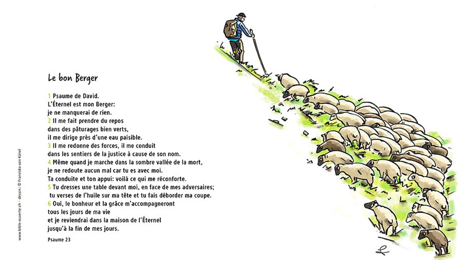 Illustration chrétienne en couleur du Bon Berger guidant des moutons dans des pâturages verts (Psaume 23), avec le texte biblique affiché à gauche de l’image.