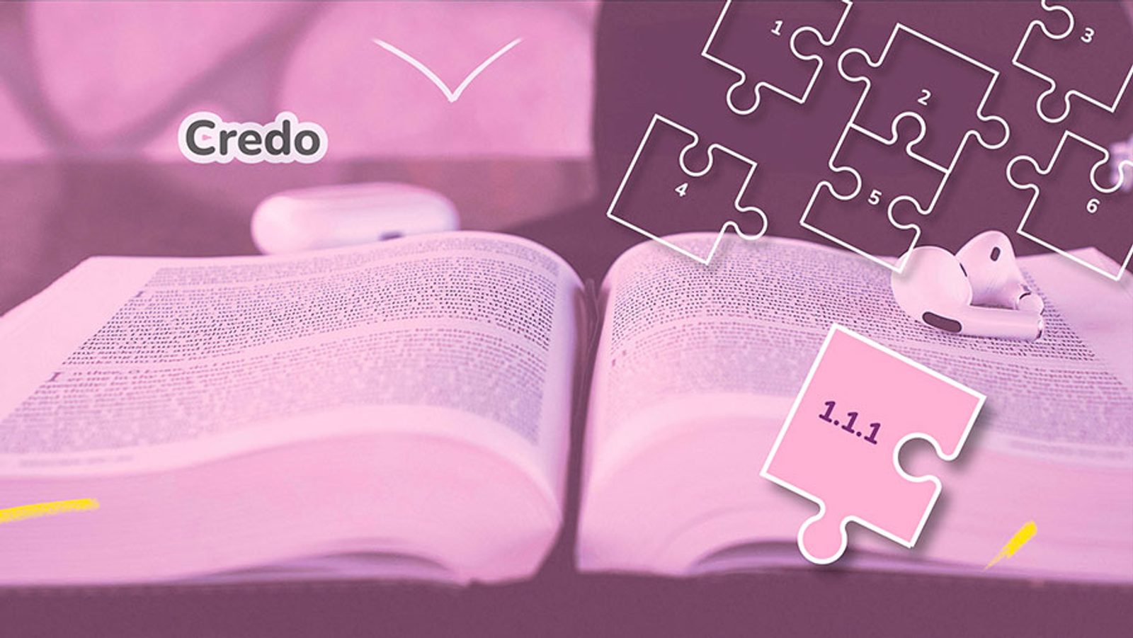 Visuel d’une Bible ouverte accompagné de six pièces de puzzle représentant les différentes sections du cours de formation biblique. Le chapitre « Credo 1.1.1 – Inspiration de la Bible » est mise en évidence.