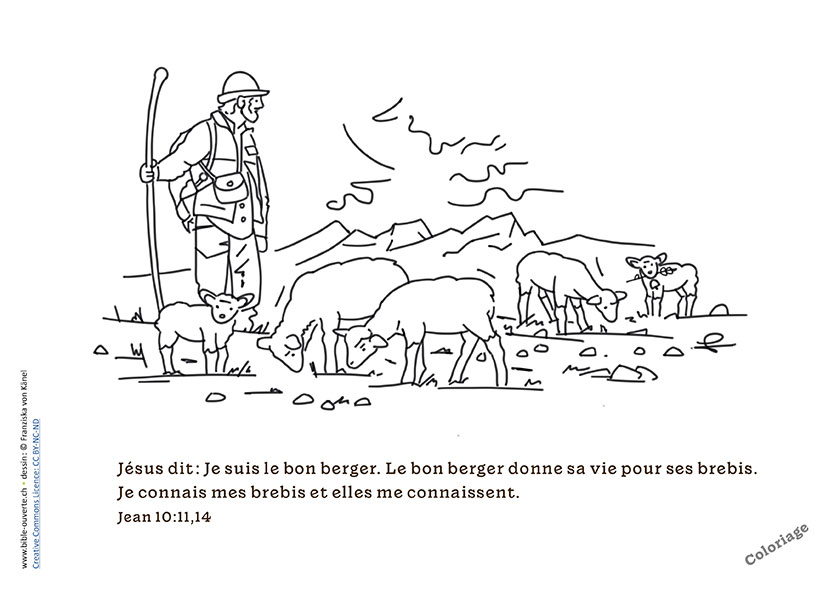 Le bon Berger, Jean 10:11,14 coloriage. Modèle en noir&blanc. Dessin: Franziska von Känel