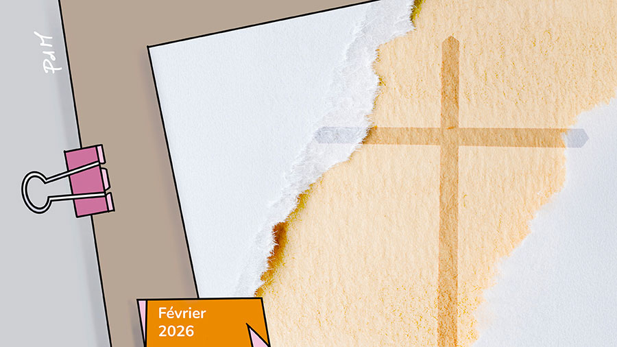 Feuille de papier déchirée, derrière apparaît une croix